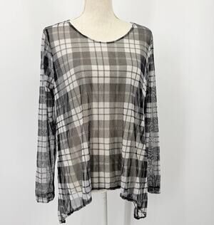 Reina Lee Medium Sheer Mesh Top A line Black Plaid Long sleeve Lagenlook